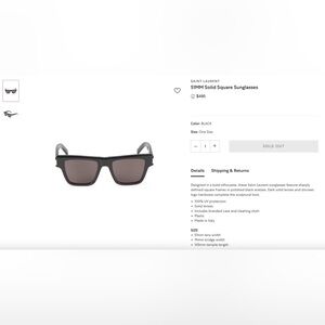 Saint Laurent Stylish Black Solid Square Sunglasses NWT